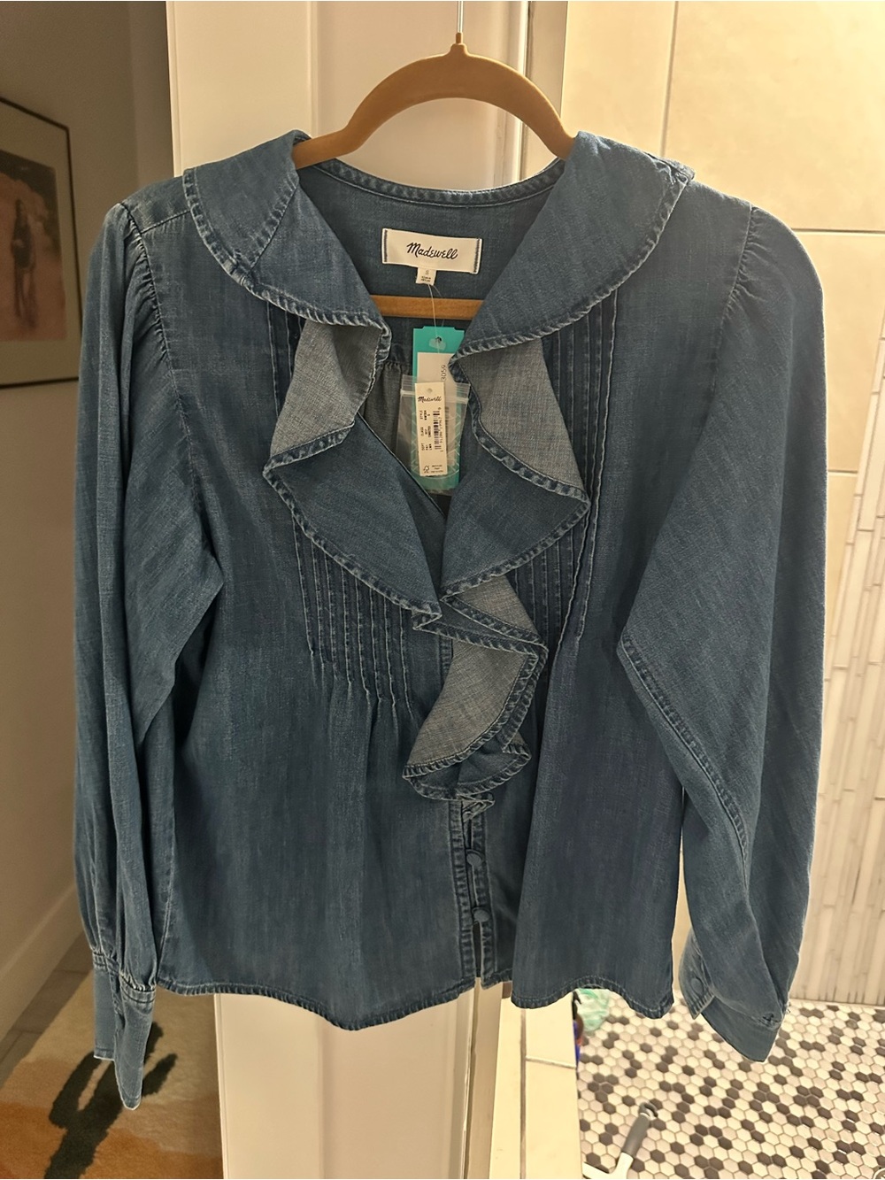 Madewell Washed Blue Ruffle-Front Denim Blouse